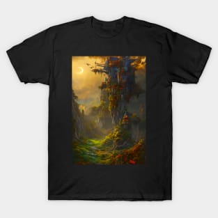 Surreal Magical Tower in Beautiful Landscape with Birds, and Trees by the Mountains under the Moon T-Shirt